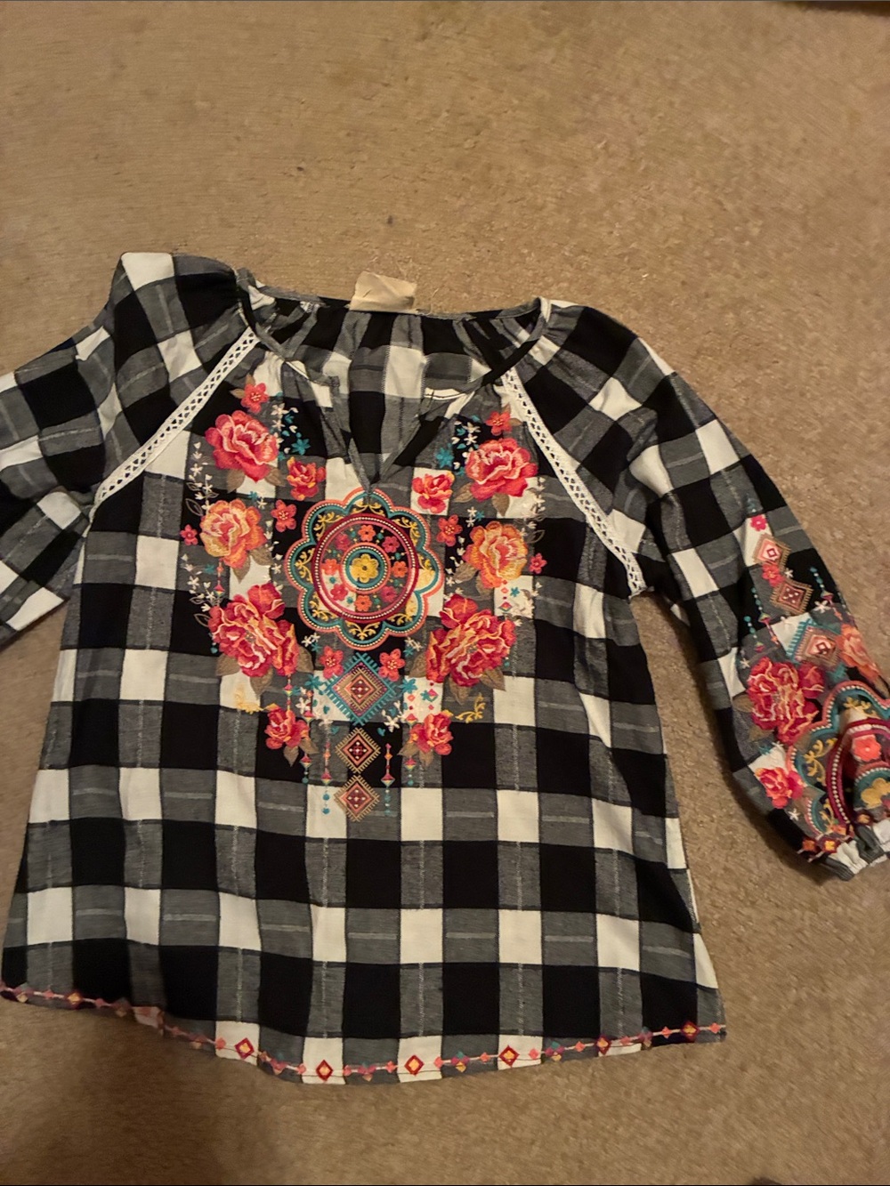 Savanna Jane Black and White Buffalo Plaid Blouse with Colorful Embroidery